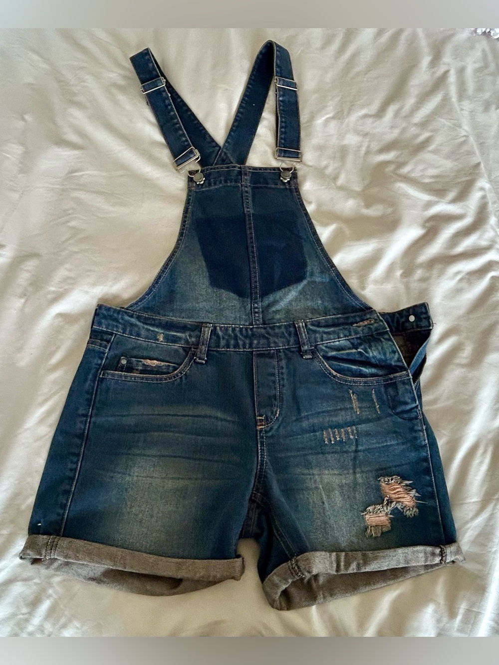 William Rast Dark Blue Distressed Denim Short Overalls